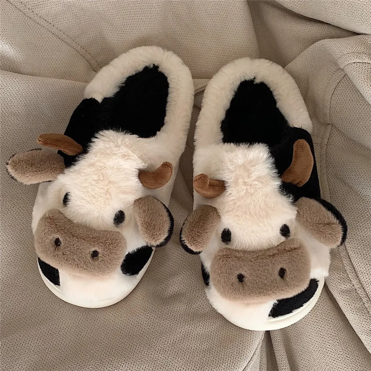 Comwarm Cute Furry Slipper For Women Girls Winter Fashion Milk Cow Fluffy Warm Slippers Woman Cartoon Animal Home Cotton Shoes - Image 3