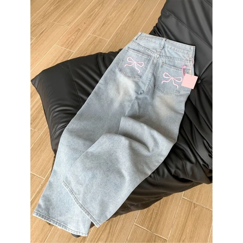 2025 Autumn Winter Bow Embroidery Design Sweet Korean Style High Waist Loose Fit Straight Leg Jeans - Image 2