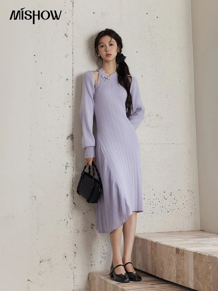 MISHOW Knit Dress Set Women Slim New Chinese Knit Long Dress 2024 Fall New Gentle Elegant Knit Long Sleeve Cardigan MXD48T0436 - Image 5