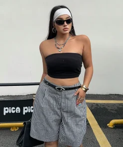 Ladies plus Size Spring Simple Casual Black White Plaid Shorts Wide Leg Pants Trousers for Women - Image 4