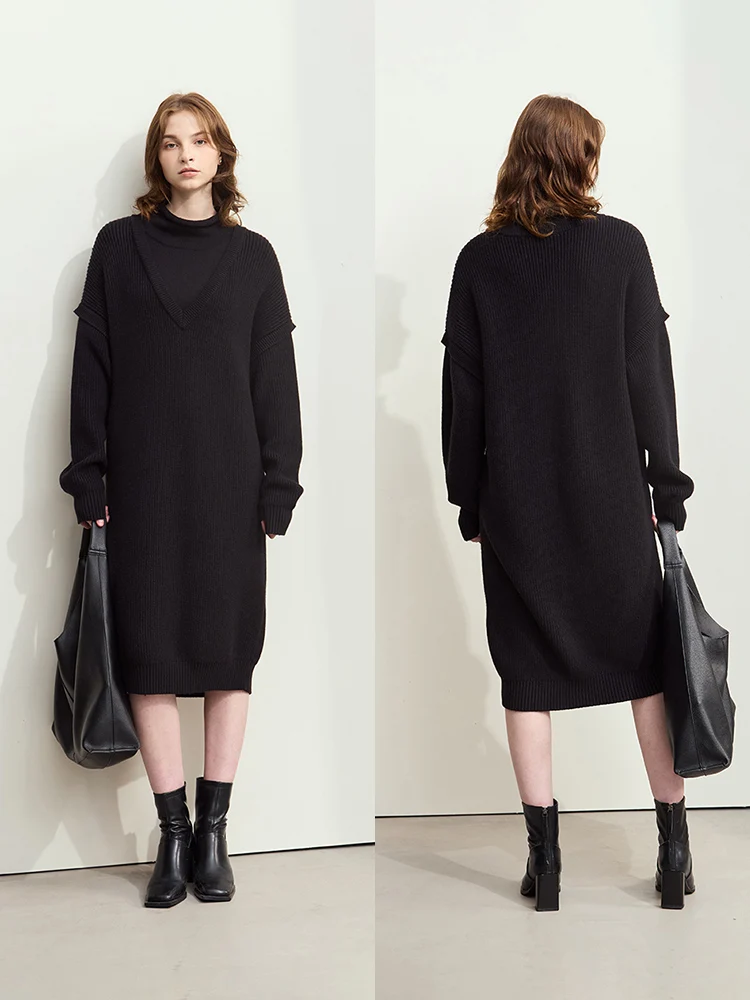 AMII Minimalist Womens Dresses 2025 Winter New Commuter Half Turtleneck Woman Clothing Solid Loose Knitted Midi Dress 12444229 - Image 2
