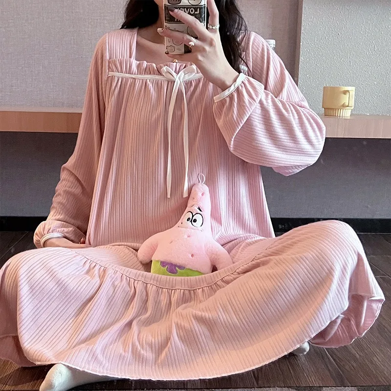 Women's Cute Nightgowns Autumn Long Sleeve Loose Sleep Dress Casual Loungewear For Women Long Dress - Image 3