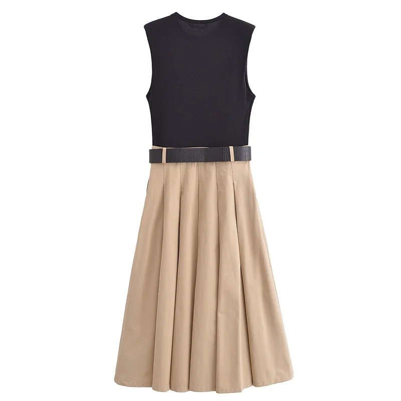 MUJER 2025 Woman Dresses Belt Pleated Midi Dress Women Sleeveless Summer Dress Woman Knitted Party Dresses for Women Sundress - Image 3