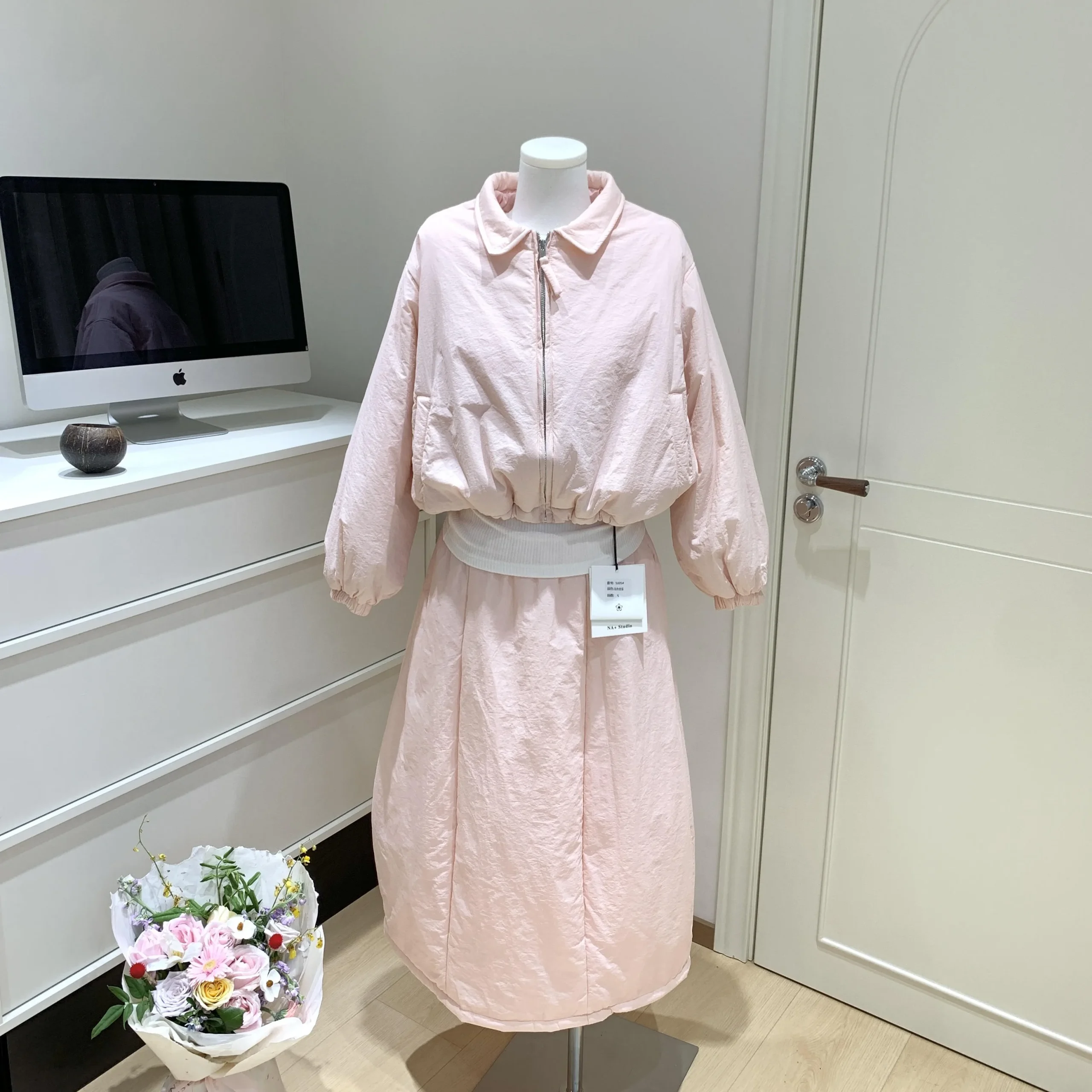 Women's Autumn Winter Casual Two Pieces Cotton Padded Skirt Set Lady Streetwear Lovely Quilted Long Sleeve Jacket+ Long Skirt