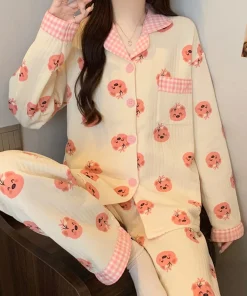 Two-Piece Set Ladies Pajamas Set Long-Sleeved Cartoon Sweet Cute Print Cardigan Home Wear Simple Sleepwear Winter Autumn New - Image 3