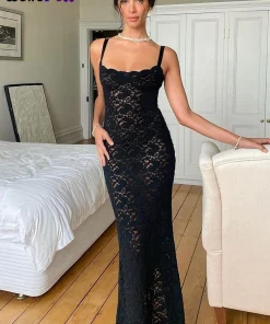 Weird Puss Lace Black Women Maxi Dress See Through Sleeveless Ladies Sexy Coquette Nightclub Party Bodycon Slim Fit Vestidos - Image 4