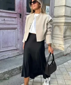 Alternative view of Willshela 2024 Black Satin Skirt Woman High Waist Elegant Long Skirts For Women Fashion Summer Midi Skirt Office Women's Skirts