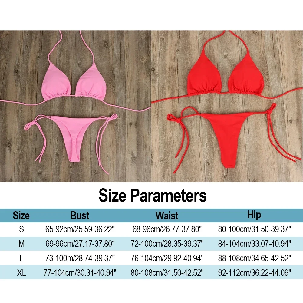Solid Color Hanging Neck Style Lace-Up Bikini Women's Sexy Adjustable Triangle Beach Swimsuit No Steel Bracket No Chest Pad - Image 6