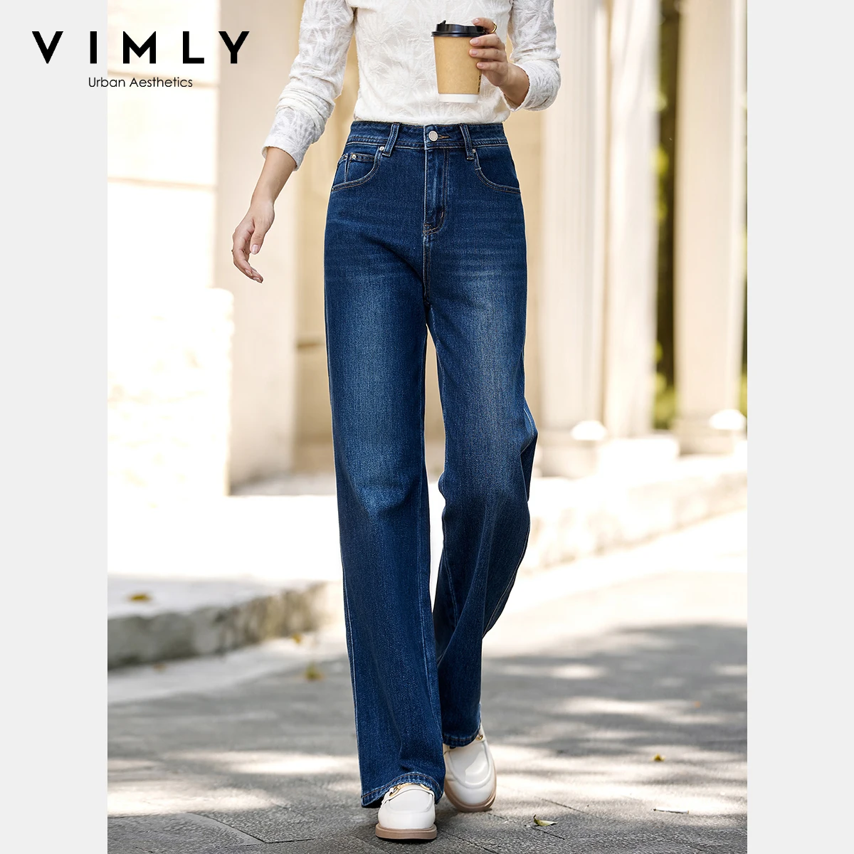 VIMLY Blue Denim Woman Pants Autumn Vintage 2025 New Straight Pockets Wide Leg Female Jeans Casual Button Trousers Ladies 75180