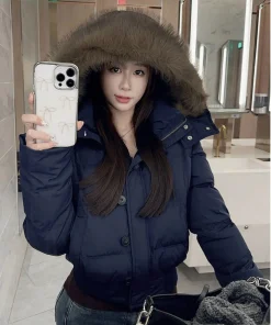 Large Fur Collar Hooded Cotton Jacket for Women, Thickened and Warm Parka, Short Puffer Jacket - Image 4