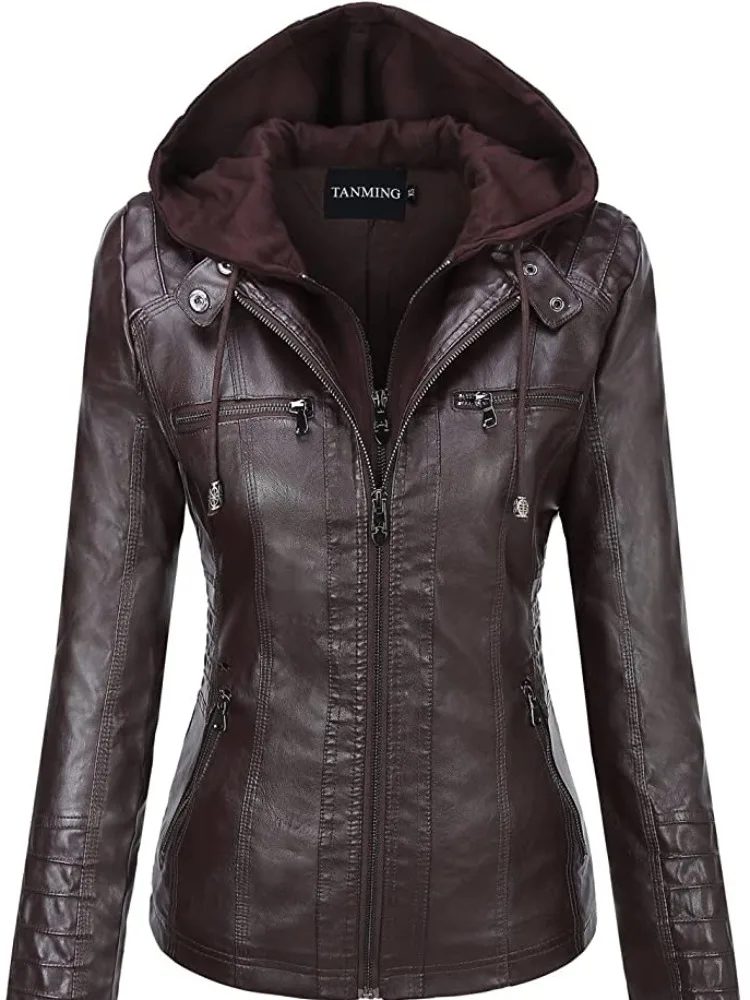 Hooded Leather Jacket Two-Piece Set Removable Large Size Leather Jacket for Women Spring & Fall Outwear for Women Pu Washed Leather - Image 2