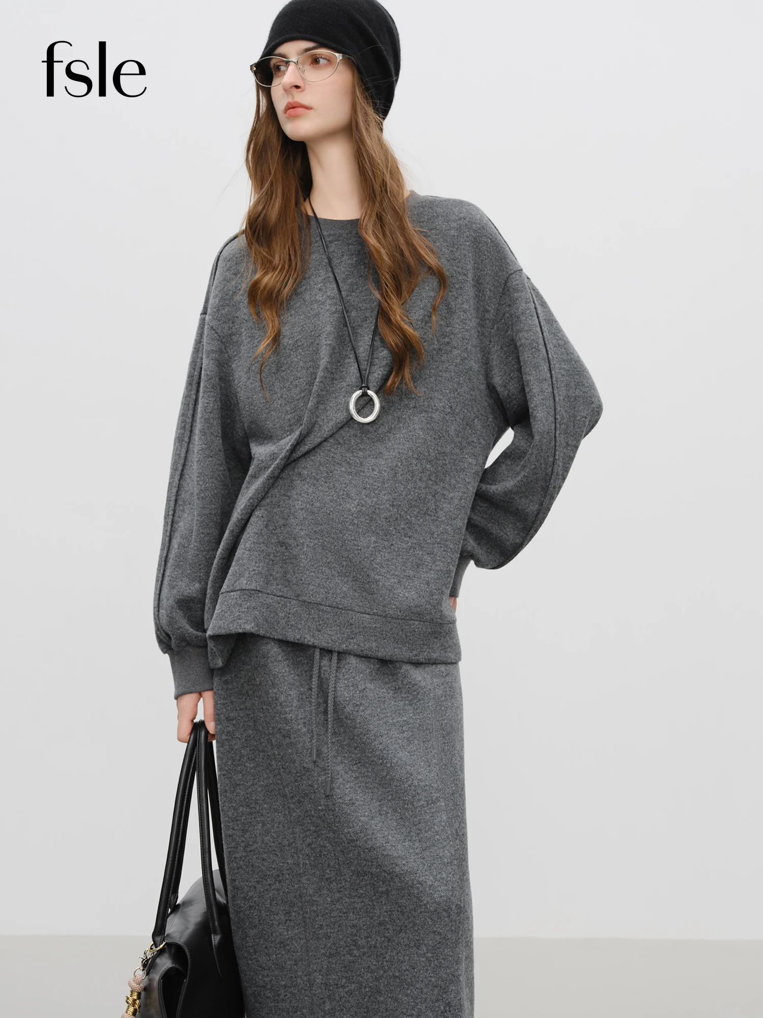 FSLE【Premium Series】Round Neck Twisted Sweatshirt Suit Women's Winter 2025 New Style Simple Long Skirts Sets Ins Casual