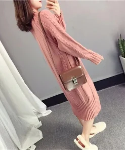 Khaki Thickened Sweater Women's Half High Neck Autumn And Winter New 2023 Korean Fashion Loose And Thin Knit Dress Long Female - Image 5
