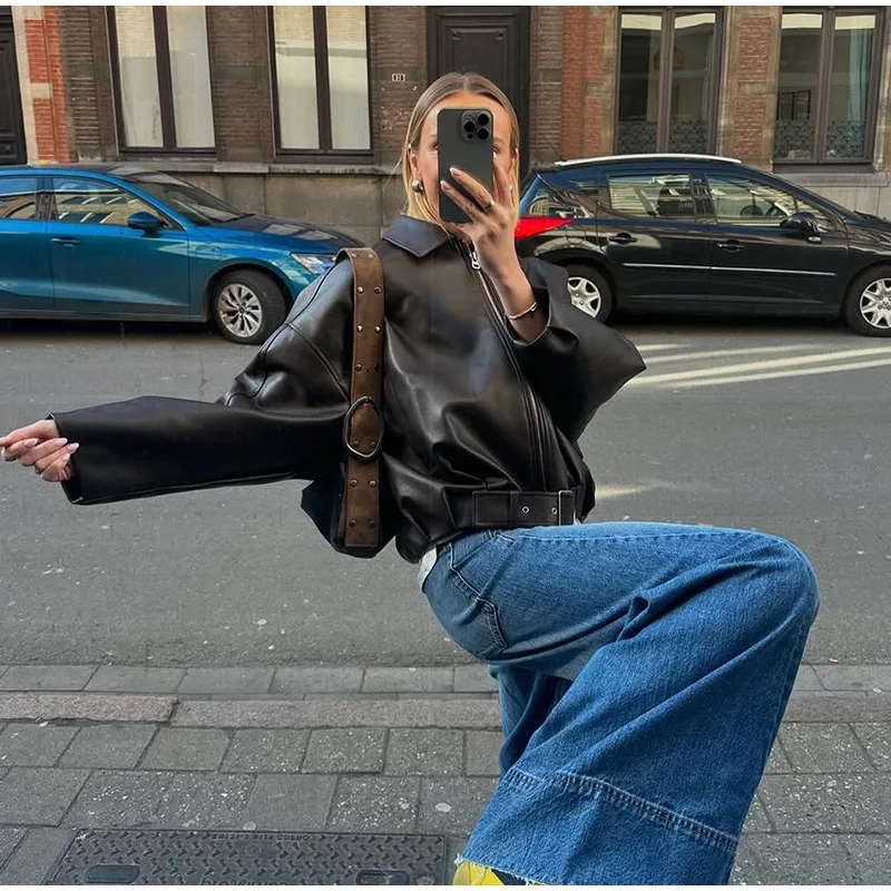 Vintage PU Leather Bomber Jackets 2025 Autumn New Ladies Zipper Lapel Long Sleeve Pocket Coat With Belt Women's Loose Streetwear - Image 6