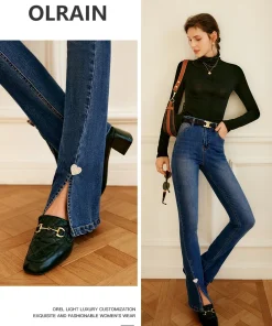 OLrain Women's Blue Bootcut Jeans for Woman 2025 Cotton Denim High Waist Slim Flared Pants with Slit Ladies Clothes O22CA60611 - Image 3