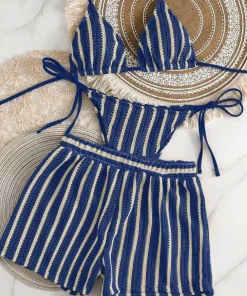 2026 new style boxer shorts mesh three-piece women's swimsuit neck lace-up bikini set - Image 4