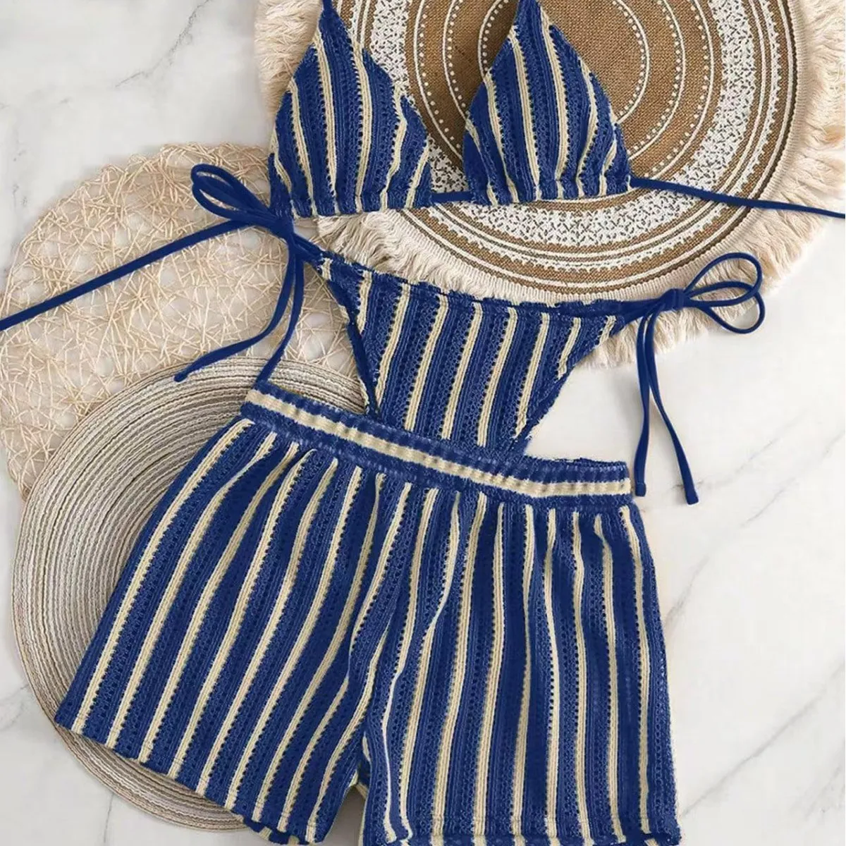 2026 new style boxer shorts mesh three-piece women's swimsuit neck lace-up bikini set - Image 4