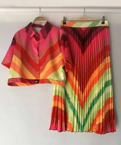 2025 summer women's retro geometric print lapel straight short shirt two-piece set + high waist loose pleated skirt fashion suit - Image 6