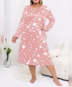 Plus Size Women's Nightgown - Casual Comfortable Loungewear Sleep Dress Long Sleeve Loose Nightdress Fashionable Printed Pajamas - Image 4