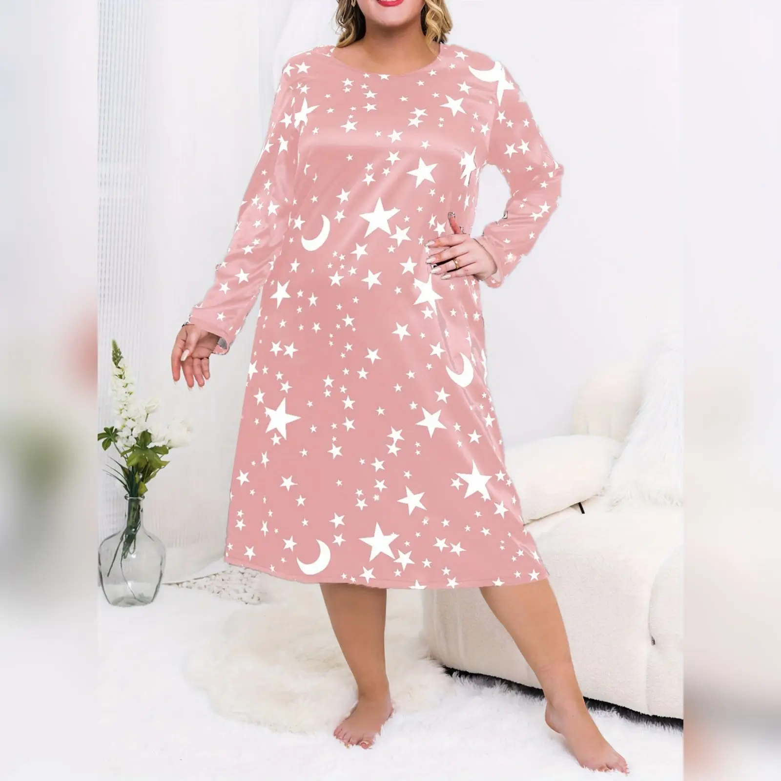 Plus Size Women's Nightgown - Casual Comfortable Loungewear Sleep Dress Long Sleeve Loose Nightdress Fashionable Printed Pajamas - Image 4