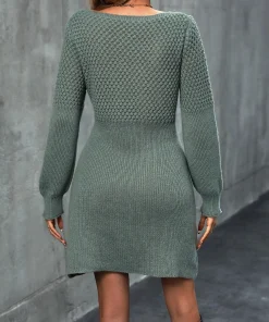 Alternative view of Women's Plain Bishop Sleeve V Neck Sweater Dress, Elegant Long Sleeve A Line Knit Dress for Spring & Fall, Women's Knitwear