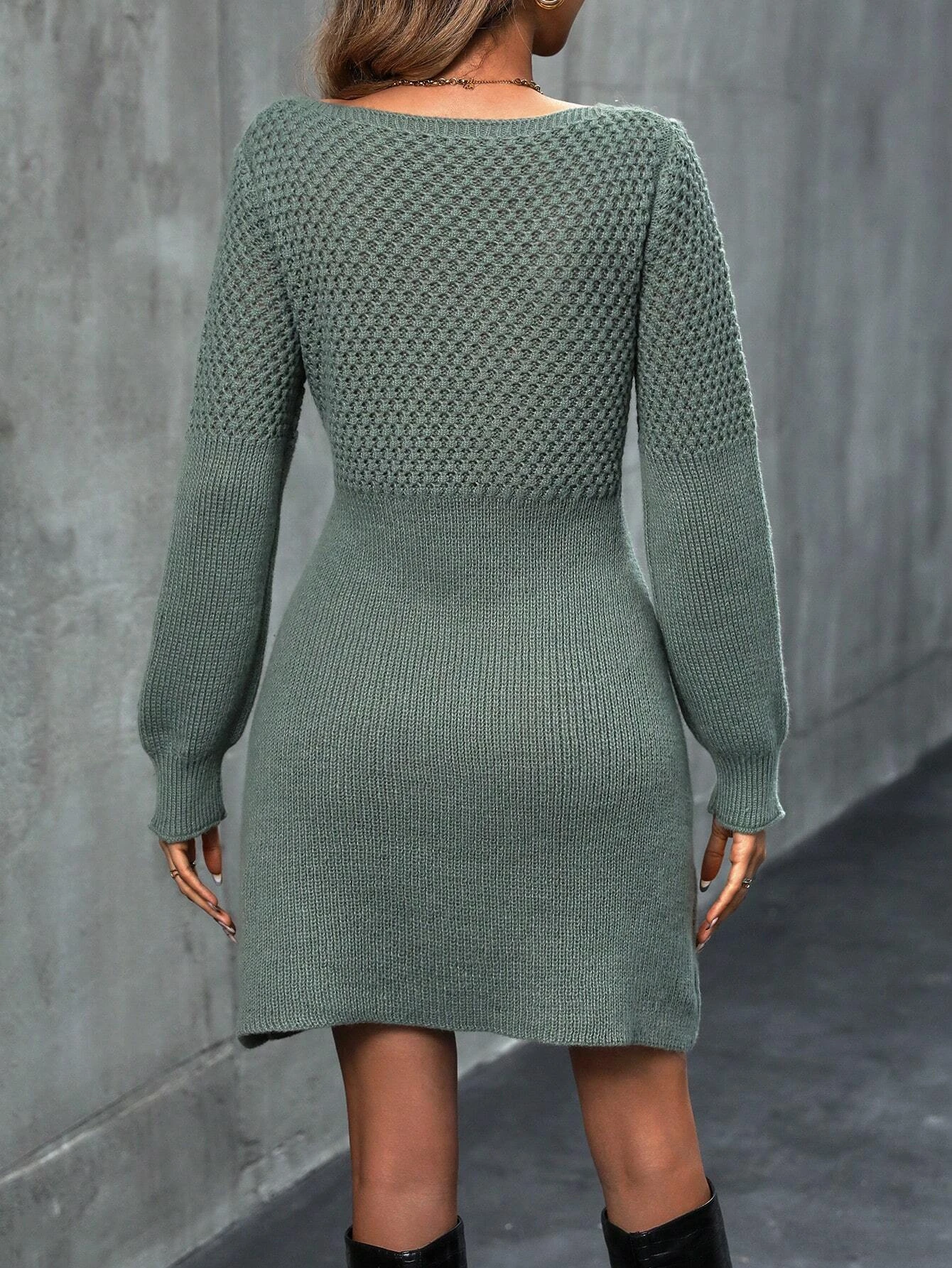 Women's Plain Bishop Sleeve V Neck Sweater Dress, Elegant Long Sleeve A Line Knit Dress for Spring & Fall, Women's Knitwear - Image 2