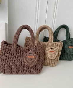 Woven Bag Solid Color Handmade Crochet Bag Cute Woolen Handbag Autumn and Winter Wear Mobile Phone Bag - Image 3