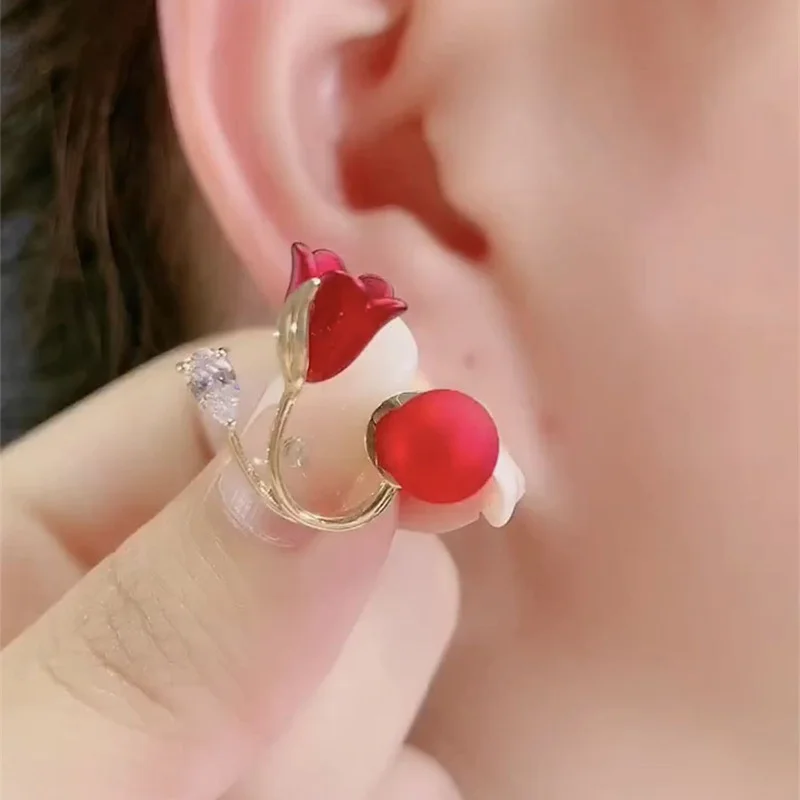 Korean Red Rose Stud Earring Fashion Imitation Pearl Flower Earrings for Woman Party Jewelry Christmas Gift New Arrivals - Image 6