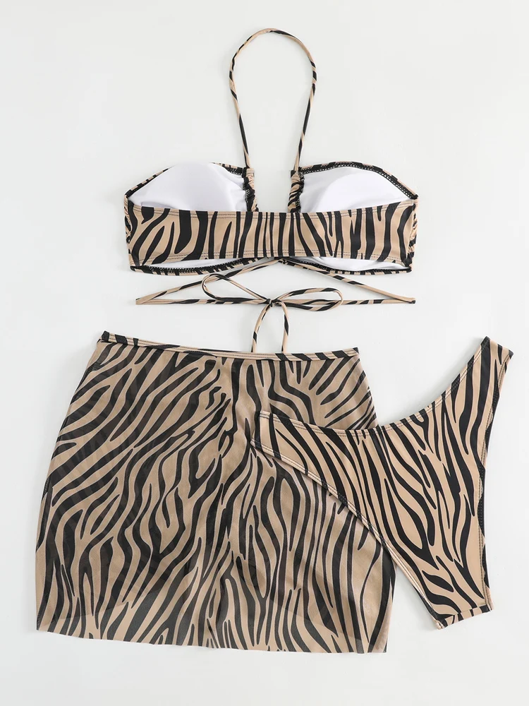 Vigorashely 2025 Sexy Leopard 3 Piece Mesh Skirt Bikini Set Women Swimsuit Halter Push UP Swimwear Backless Summer Bathing Suit - Image 5