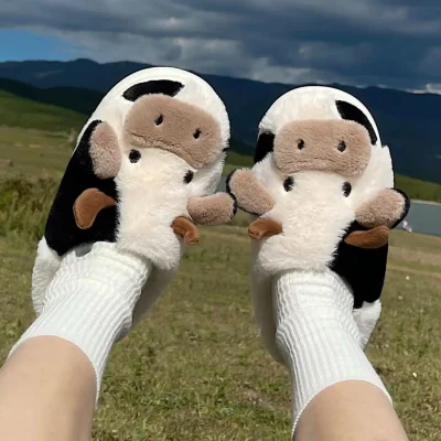 Comwarm Cute Furry Slipper For Women Girls Winter Fashion Milk Cow Fluffy Warm Slippers Woman Cartoon Animal Home Cotton Shoes