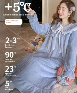 Alternative view of Womens Nightwear Nightdress Flannel Thickened Solid Colour Nightgown Doll Collar Student Warm Coral Velvet Ruffle Dress Robes Se