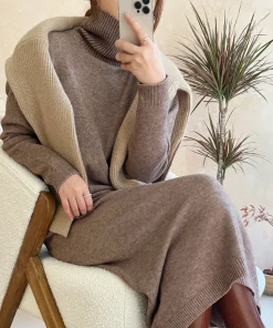 New 2025 Autumn Winter Sweater Dress Women Japanese y2k Turtleneck Long Sleeve Thicken Loose Knitted Long Dresses Hot Sale