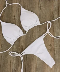 Solid Color Hanging Neck Style Lace-Up Bikini Women's Sexy Adjustable Triangle Beach Swimsuit No Steel Bracket No Chest Pad - Image 5