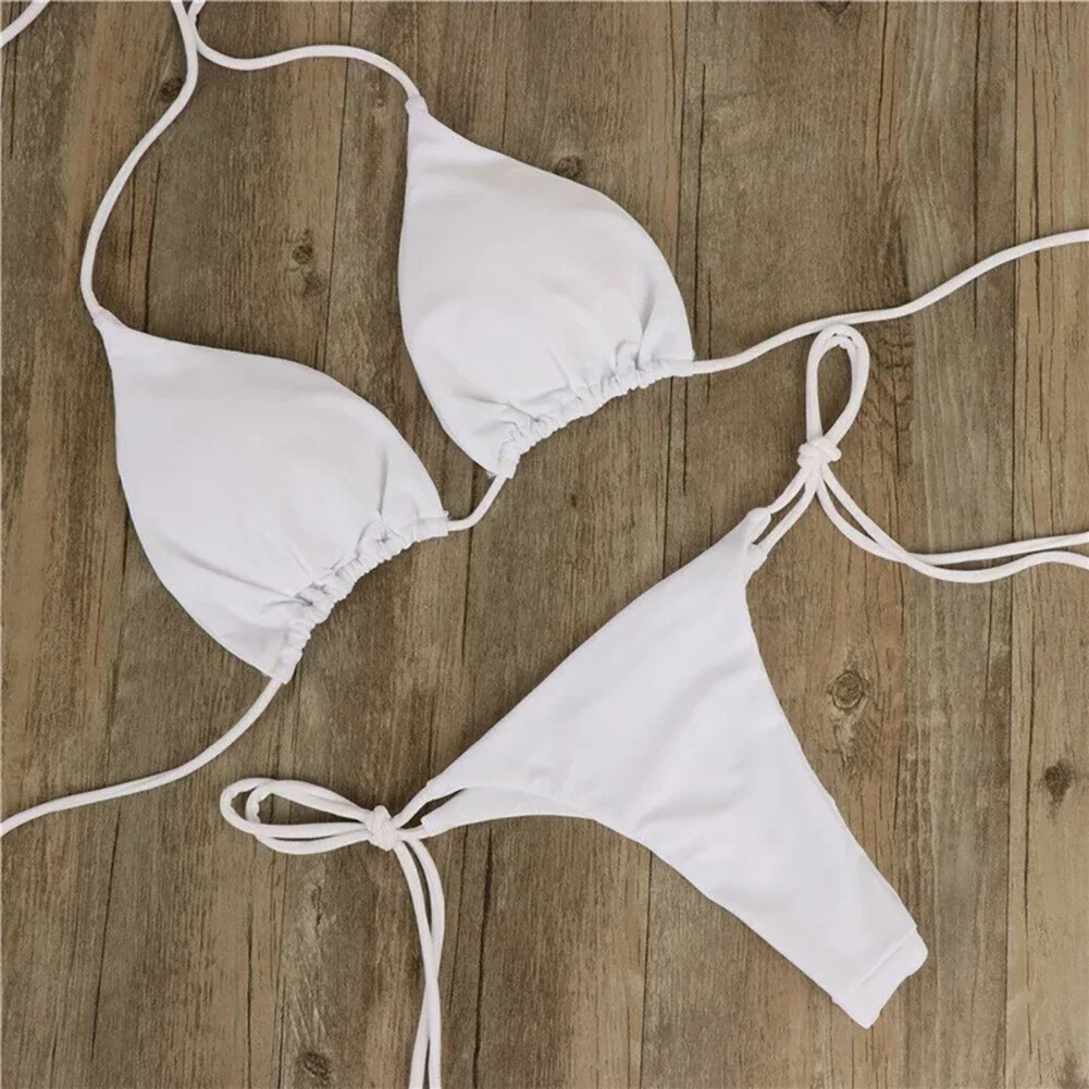Solid Color Hanging Neck Style Lace-Up Bikini Women's Sexy Adjustable Triangle Beach Swimsuit No Steel Bracket No Chest Pad - Image 5