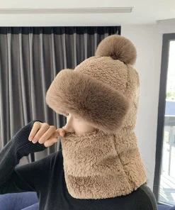 Winter Scarf Set Hooded for Women Plush Neck Warm Russia Outdoor Ski Windproof Hat Thick Plush Fluffy Beanies - Image 3