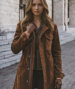 Women's brown vintage suede windbreaker: notch collar mid length jacket, button and zipper closure, patch pocket, vintage trend - Image 3
