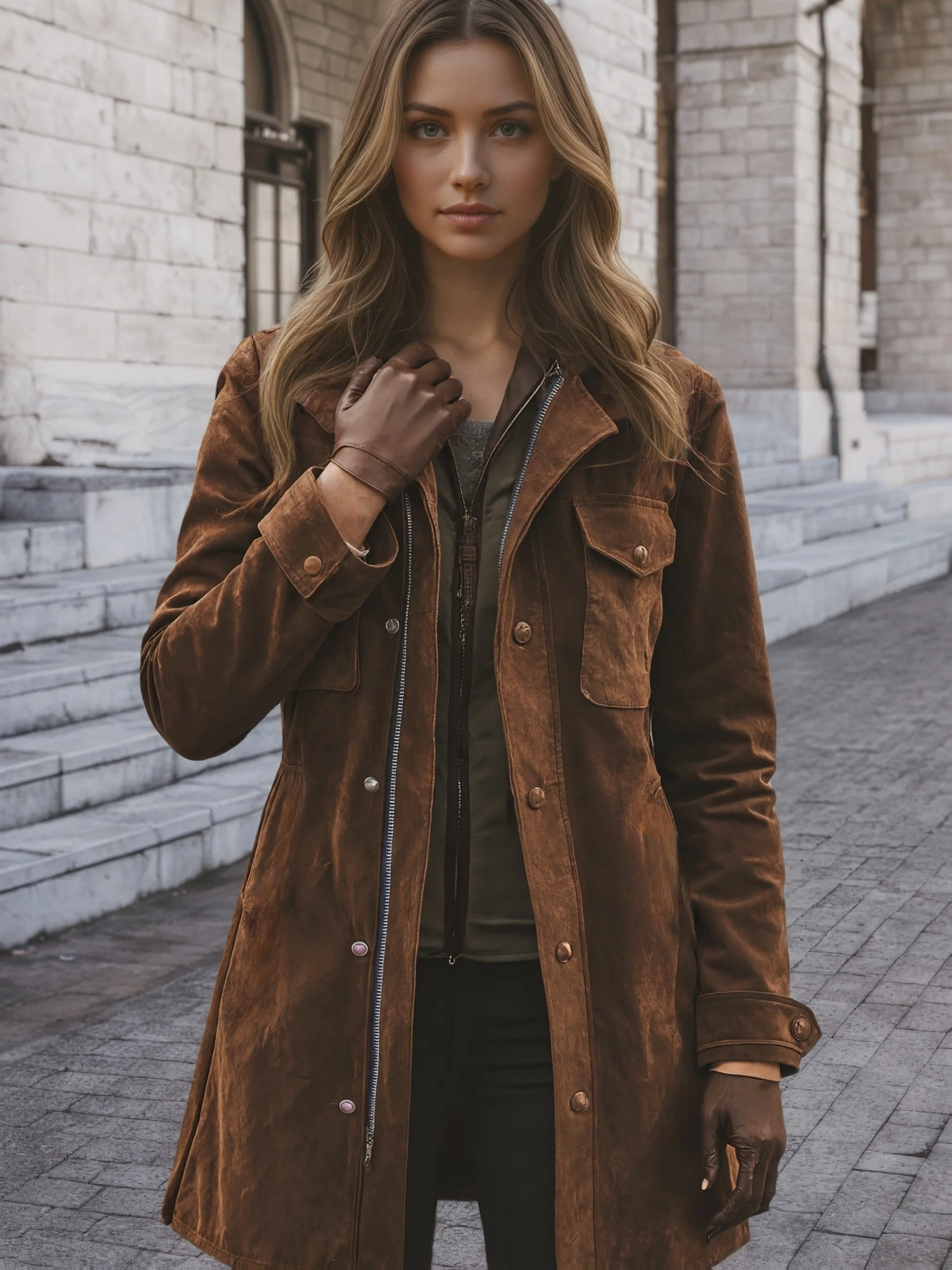 Women's brown vintage suede windbreaker: notch collar mid length jacket, button and zipper closure, patch pocket, vintage trend - Image 3