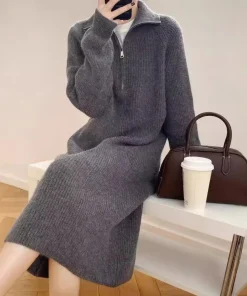 Alternative view of Winter Sweater Dress Zippered Turn-down Collar Long Sleeves Loose Knitted Pure Color Striped Texture Midi Dress