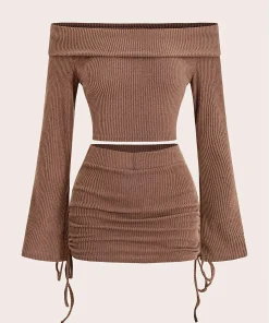 Women's 2-Piece Off-Shoulder Ribbed Set - Long Sleeve Crop Top & Ruched Mini Skirt Outfit for Fall/Winter