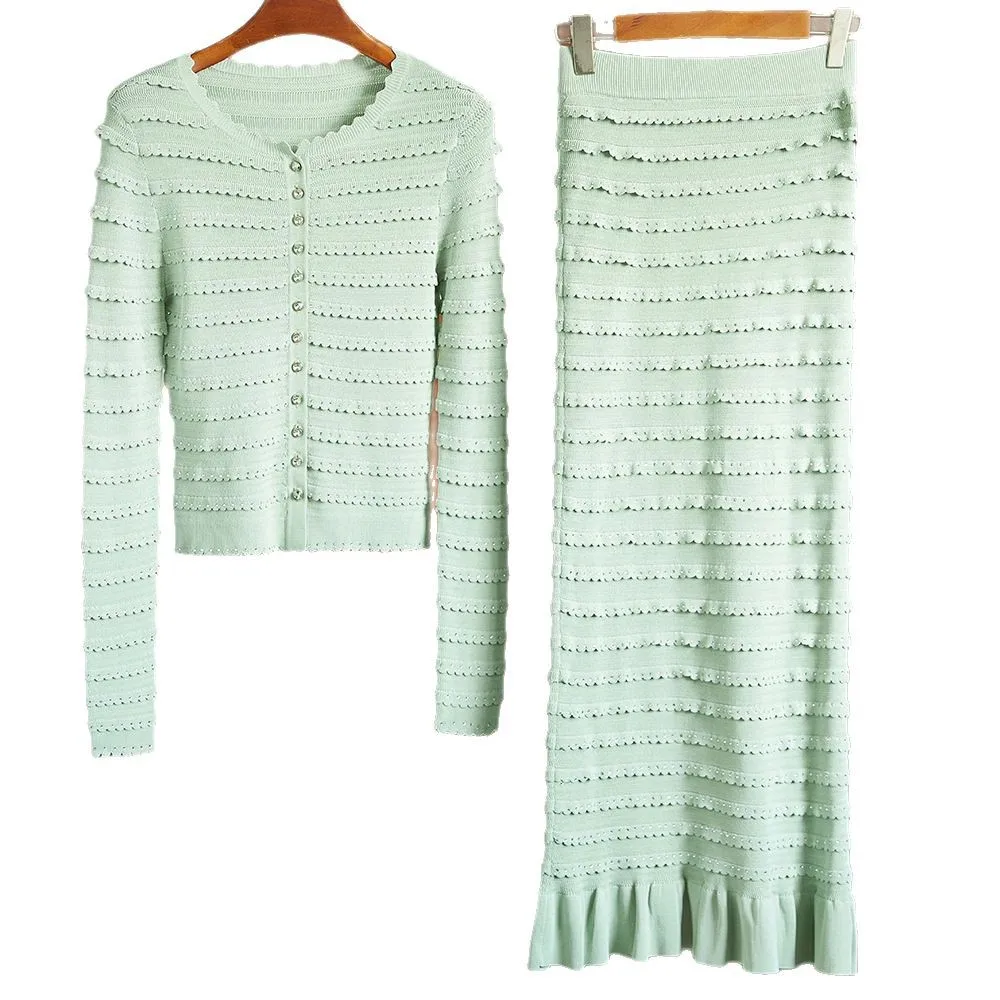 In Stock Lady Fine Workmanship Hot Drilling 2Pcs O-neck Single-breasted Cardigan Mermaid Long Skirt Women Solid Knit Twin Sets