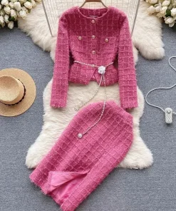 Autumn Winter Fashion Rose Red Woolen Two Piece Set Women Golden Button Chain Belt Tweed Short Jacket Coat+Split Midi Skirt Suit