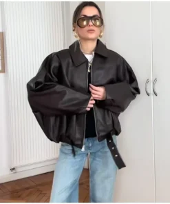 Vintage PU Leather Bomber Jackets 2025 Autumn New Ladies Zipper Lapel Long Sleeve Pocket Coat With Belt Women's Loose Streetwear - Image 4