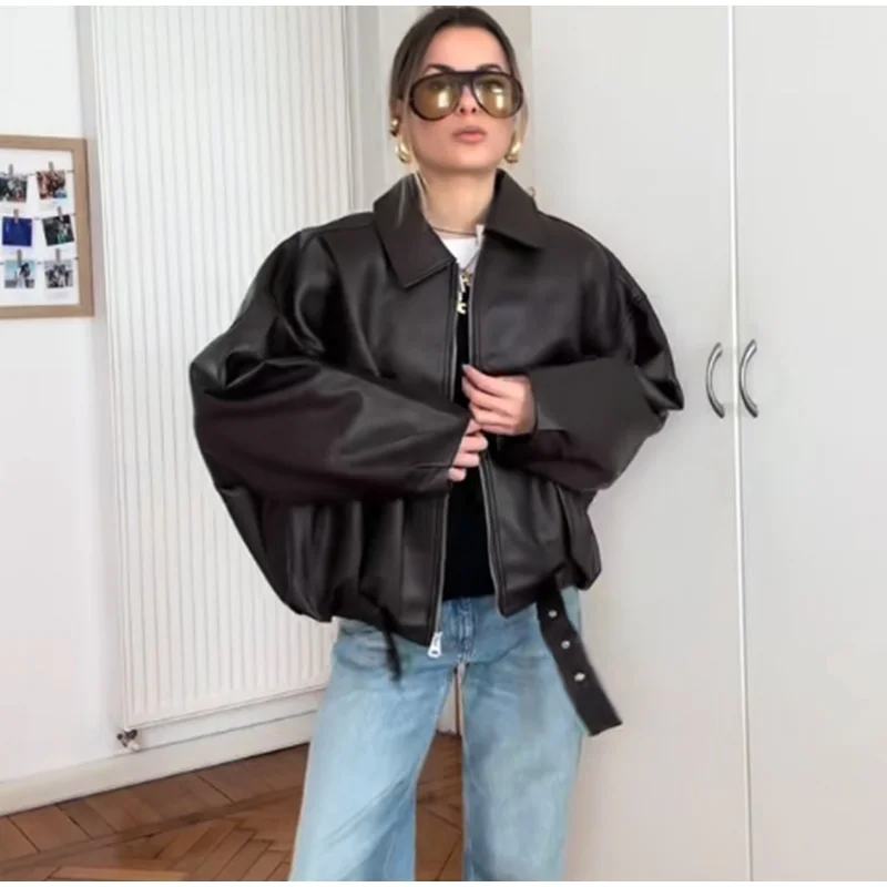 Vintage PU Leather Bomber Jackets 2025 Autumn New Ladies Zipper Lapel Long Sleeve Pocket Coat With Belt Women's Loose Streetwear - Image 4
