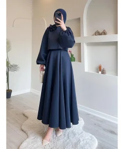 Eid Dubai Fashion Set 2 Piece Women Lantern Sleeve Top Shirt & Skirts Suits Musulman Ensembles Jalabiya Appliques Muslim Sets - Image 3