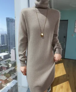 TLOML Women 100% Mink Cashmere Dress Turtleneck Pullover Casual Style Autumn Winter Slim Soft Warm Cashmere Knitted Short Dress - Image 3
