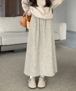Smvp 2024 Autumn Winter New Thicken Plush A-line Skirts Wowen Solid Casual High Waisted Long Skirt Ladies Lazy Style Midi Skirts - Image 4