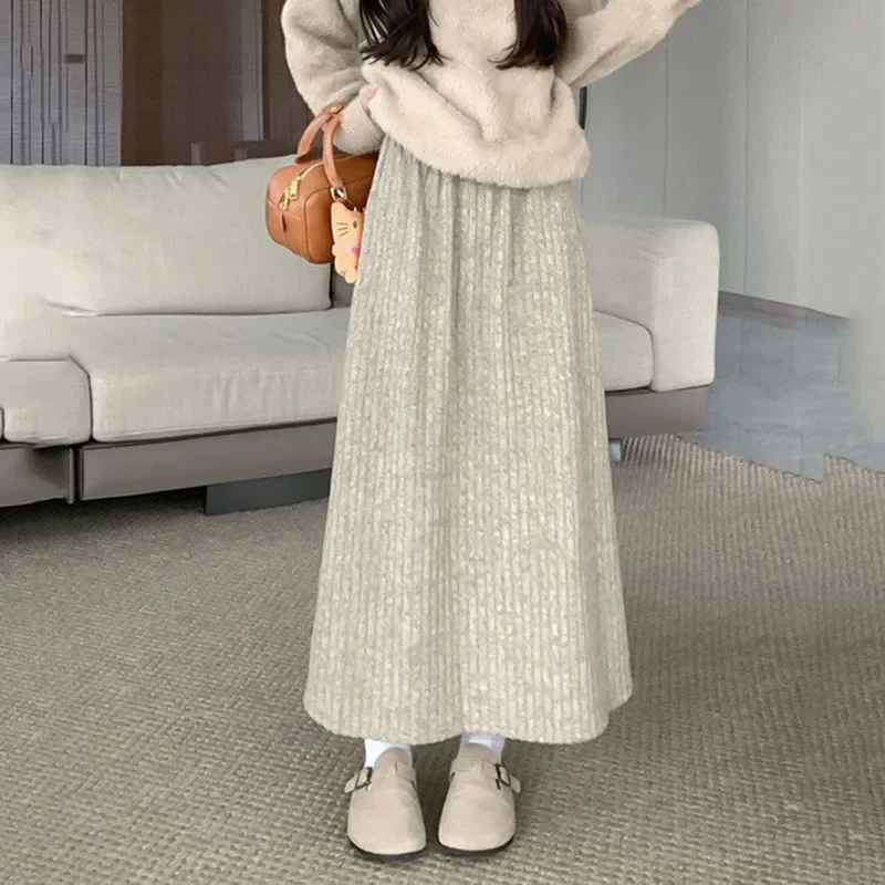 Smvp 2024 Autumn Winter New Thicken Plush A-line Skirts Wowen Solid Casual High Waisted Long Skirt Ladies Lazy Style Midi Skirts - Image 4