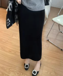Soft Waxy Autumn and Winter Skirt Straight Skirt Versatile and Thin Knitted Skirt Medium and Long H Skirt Casual Skirt Women - Image 3