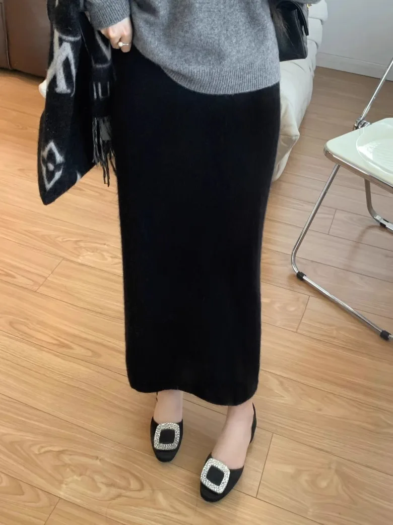 Soft Waxy Autumn and Winter Skirt Straight Skirt Versatile and Thin Knitted Skirt Medium and Long H Skirt Casual Skirt Women - Image 3