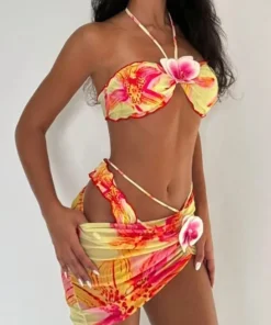with Mesh Skirt 3D Flowers Halter Bandeau Bikini Women Swimsuit Female Swimwear Three-pieces Bikini Set Bathing Suit Beachwear - Image 3